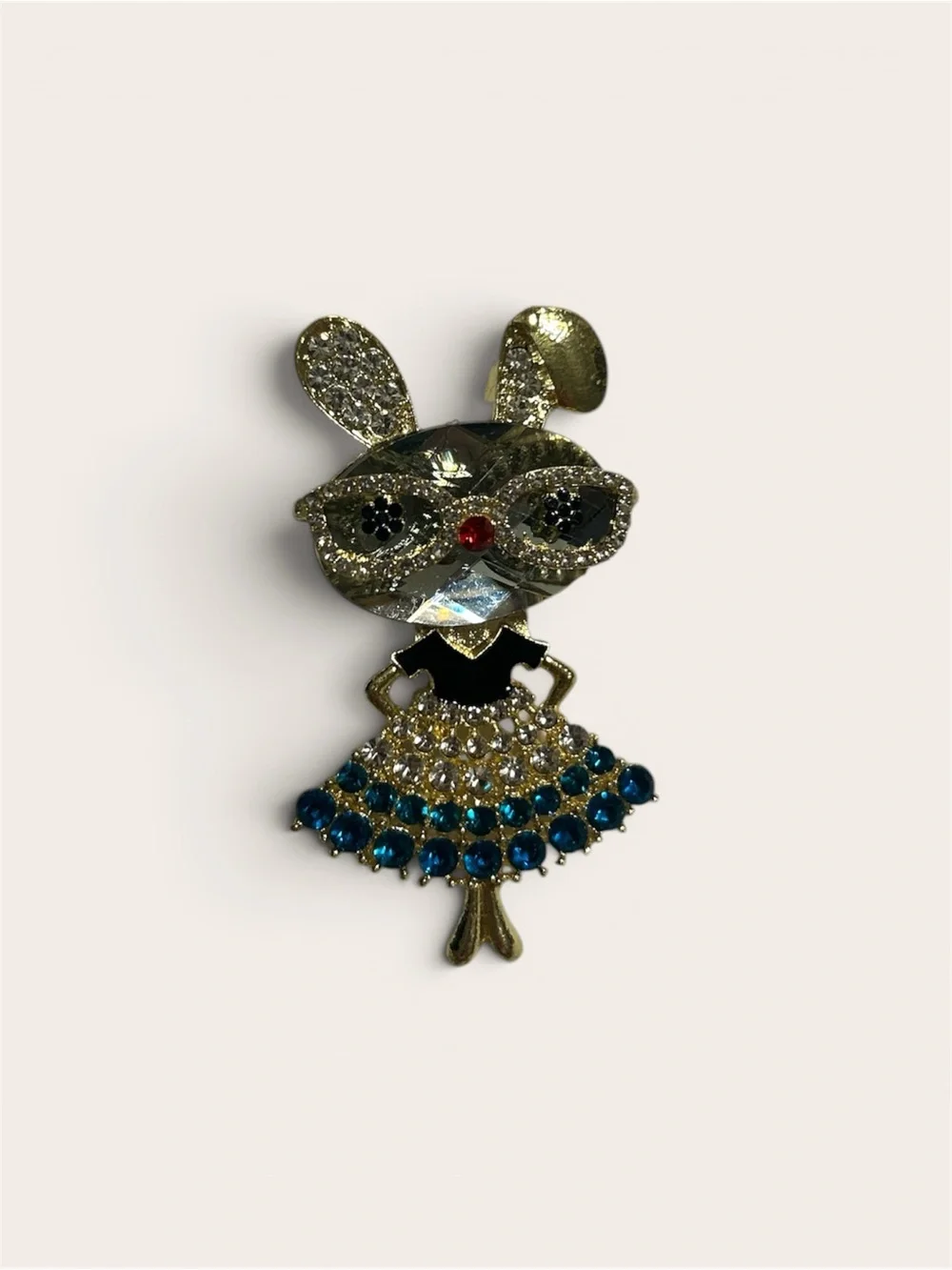 Crystal Bunny Brooch with Blue and Clear Rhinestones